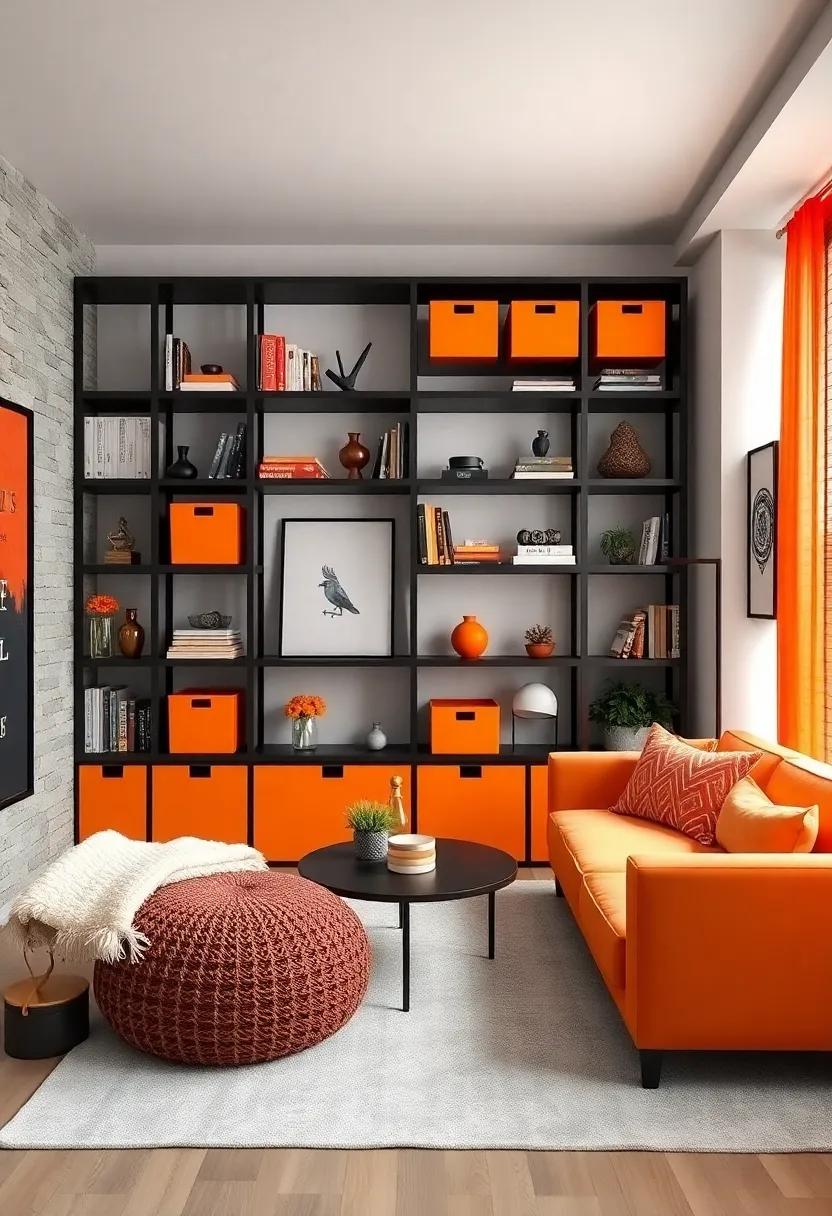 Unique ​Shelving‍ Solutions: Use⁣ black ‍shelves to display books, trophies,‌ and‍ decorative items, adding tangerine storage bins for​ an⁤ organized yet vibrant look
