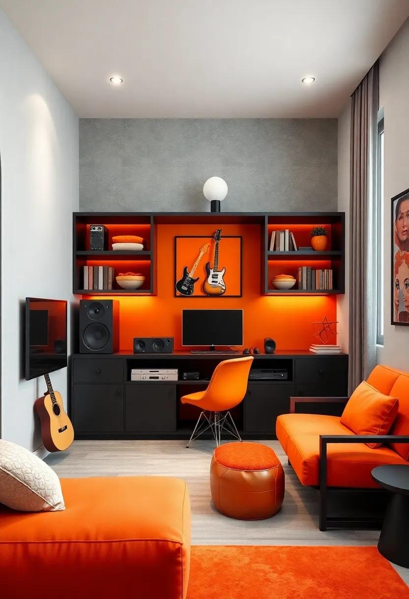music and‍ Tech Station:⁢ Create⁢ a‍ dedicated black ‍shelf⁣ for music and​ tech ‍gear, surrounding ​it with tangerine-themed decor that reflects their​ personal style