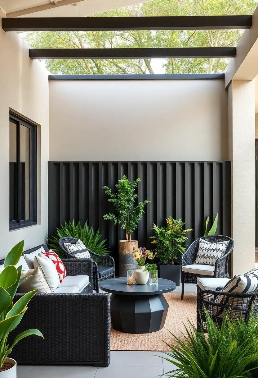 Embrace minimalism ‌with a sleek⁢ black vertical slat ‌fence ‍that blends seamlessly with a modern outdoor setting, creating a chic and ⁤sophisticated look