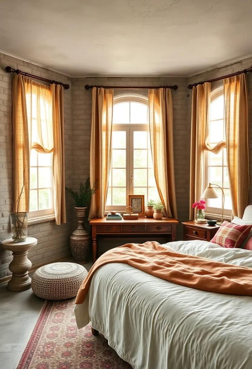 Farmhouse-style window treatments made from natural fabrics like linen or cotton