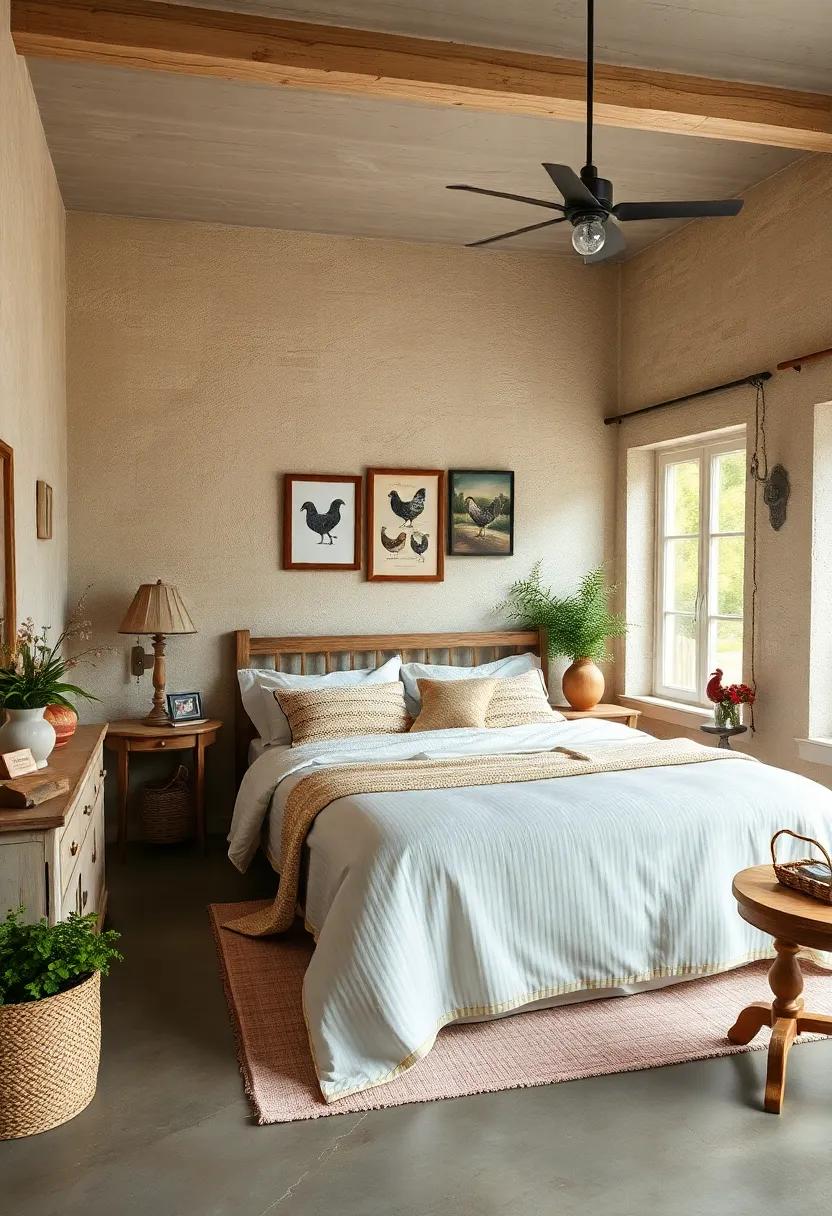 farm-themed decor items such as prints of barns, chickens, or lush fields