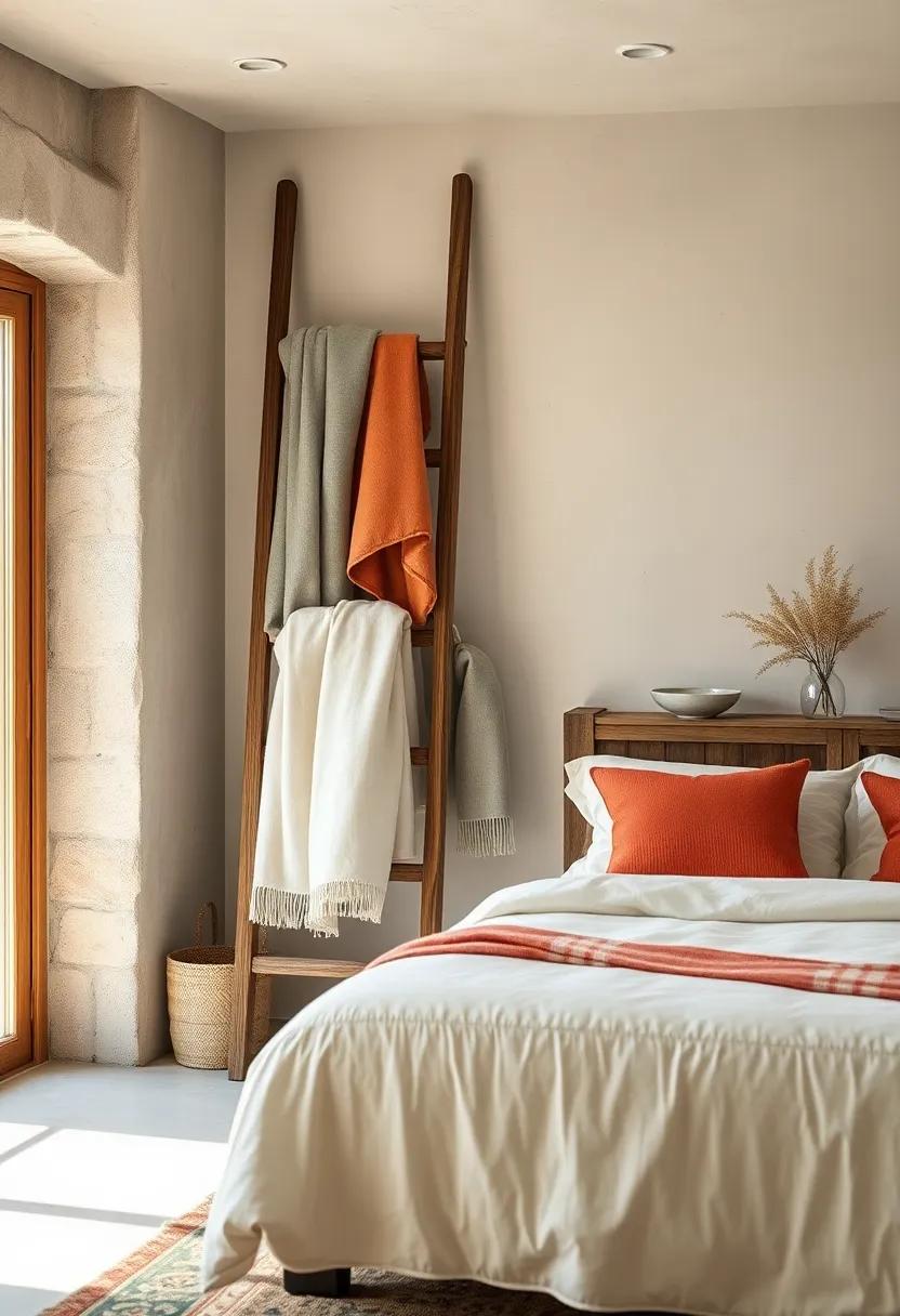 A rustic ladder hung with cozy throws and blankets for easy access and style