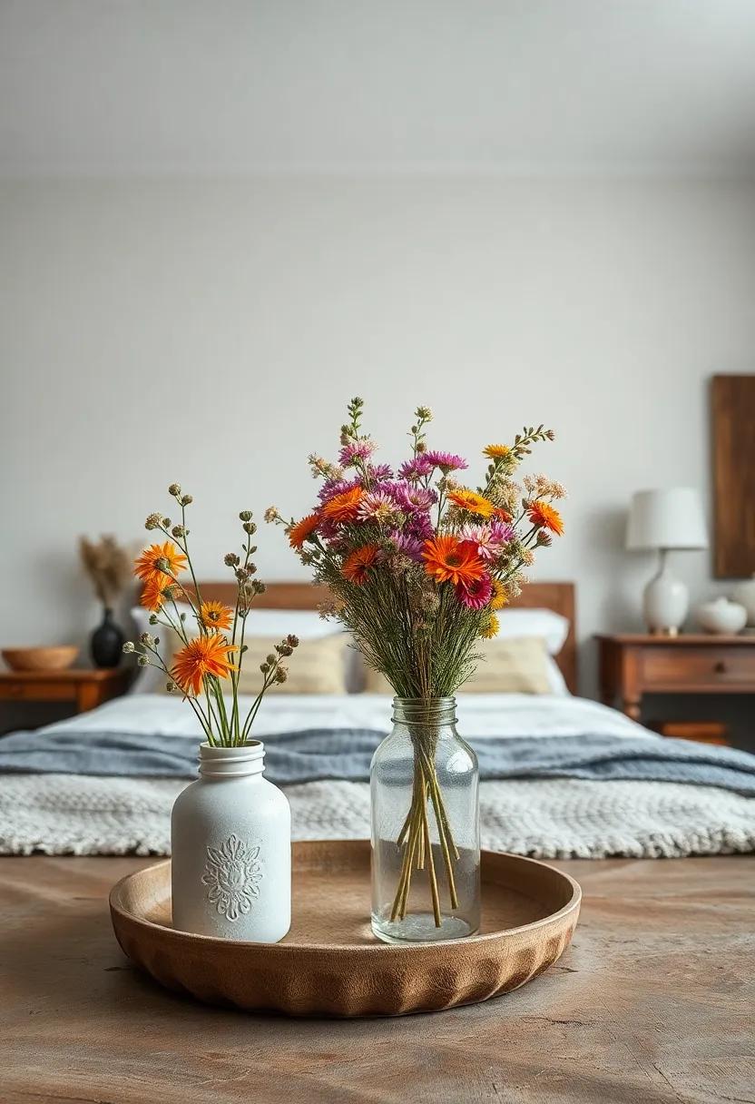 Simple ceramic or mason jar vases filled with fresh or dried wildflowers