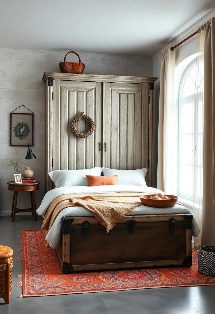 A vintage wardrobe or trunk that doubles as storage and a statement piece