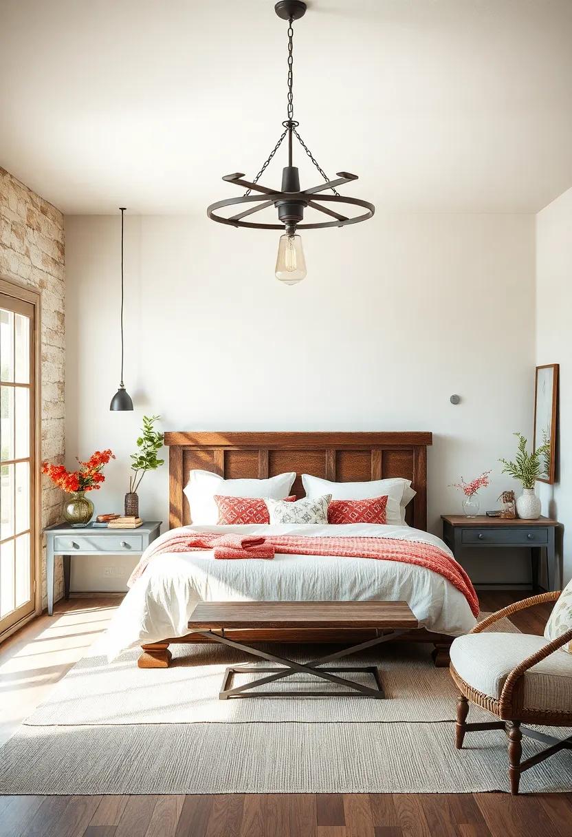 Vintage-inspired light fixtures, such as wrought iron chandeliers or mason jar pendants