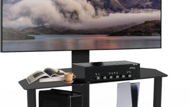 Our Take on the Swivel Corner TV Stand with Glass Shelves