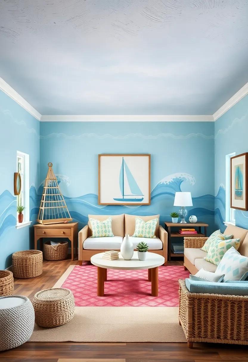 whimsical Waves: A charming room featuring soft blue walls adorned with hand-painted waves and a ceiling resembling a clear sky, creating a soothing ‌nautical ambiance