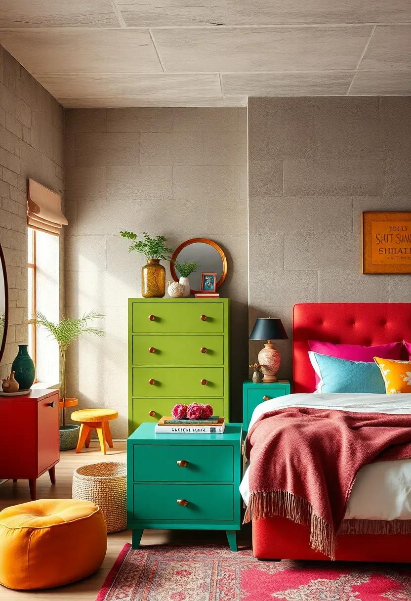 Add a Pop of Color with Statement Furniture: Choose a bold dresser or nightstand in a striking hue that draws the eye and adds personality to your bedroom