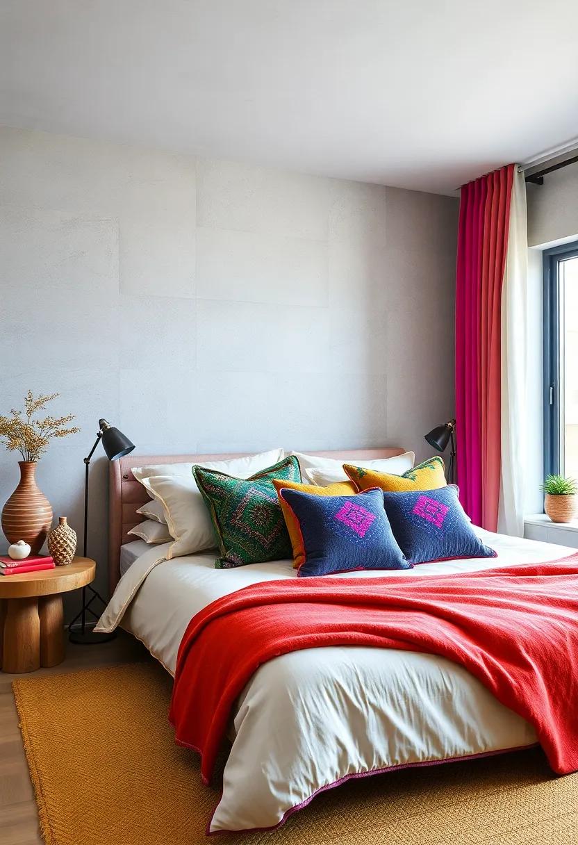 Feature oversized Colorful Pillows: Select large, plush pillows in vibrant patterns to create a visually inviting and comfortable bedscape