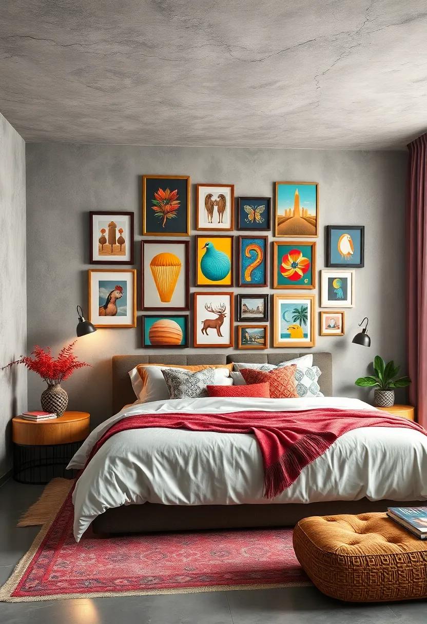 Display an Artful gallery wall: Curate a collection of colorful artwork and photographs that reflect your personality and passions, mixing frames for visual interest