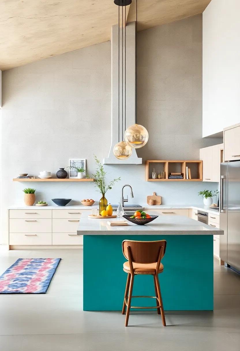 Bold Color Statement: A vibrant turquoise island becomes the standout feature in an otherwise neutral kitchen, infusing the space with personality and cheer
