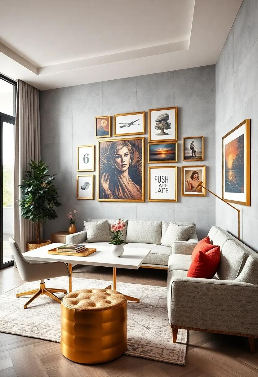 Glamorous Gallery Wall: Adorn your office ⁤with ‌a gallery wall ‍featuring gold frames that showcase inspiring art, making a luxurious statement while ⁢adding a personal touch