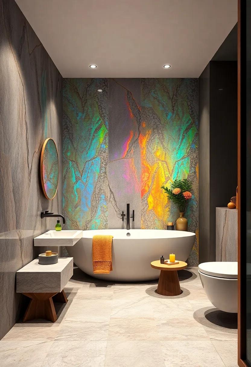 Create an ultra-modern ‍bathroom ⁢oasis ⁢with dazzling iridescent tiles that shift hues in the light, crafting ⁤an ever-changing visual narrative that ‌mesmerizes