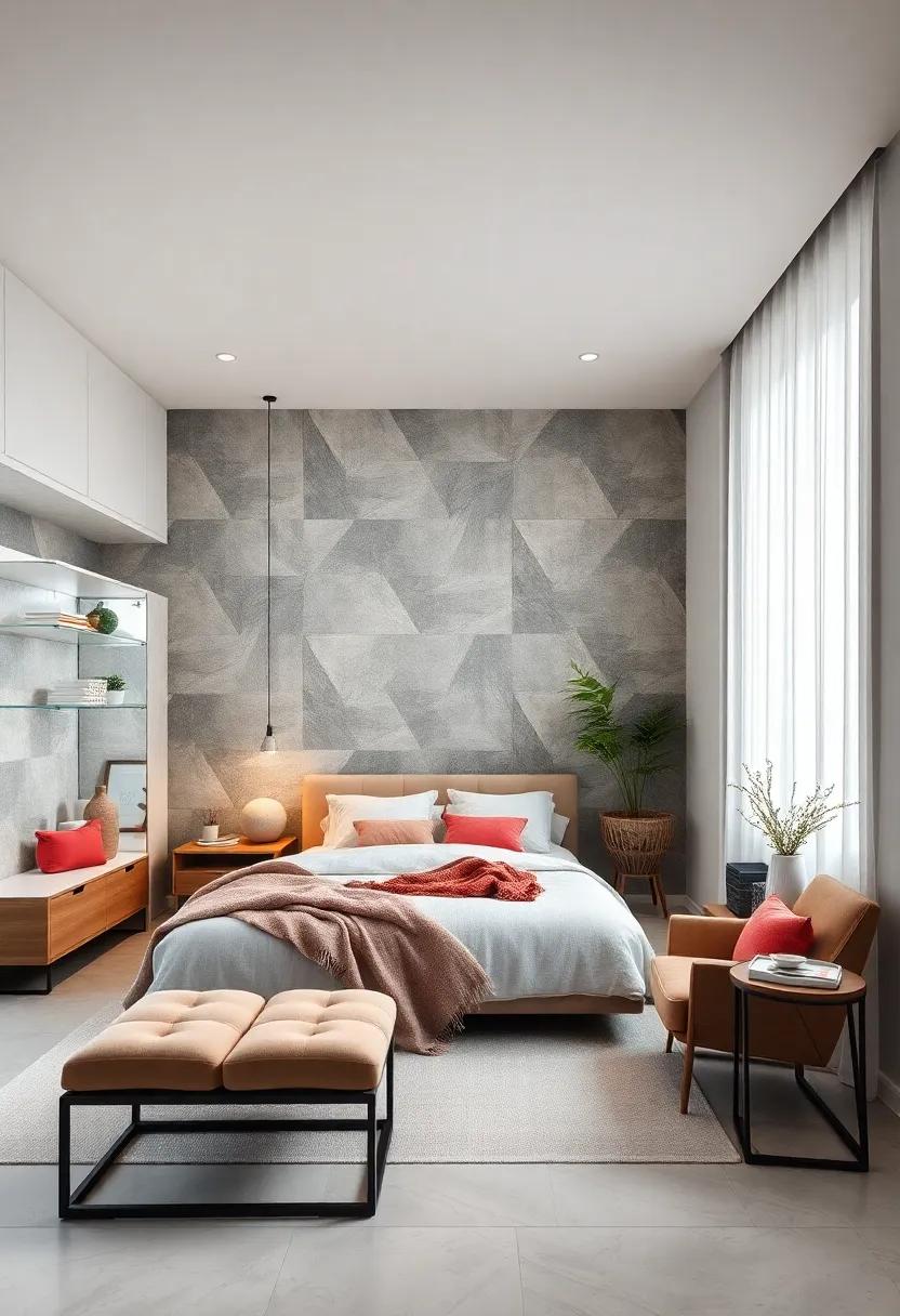 Use a geometric wallpaper border to add a subtle layer of depth ​around the room, enhancing the overall design without overwhelming