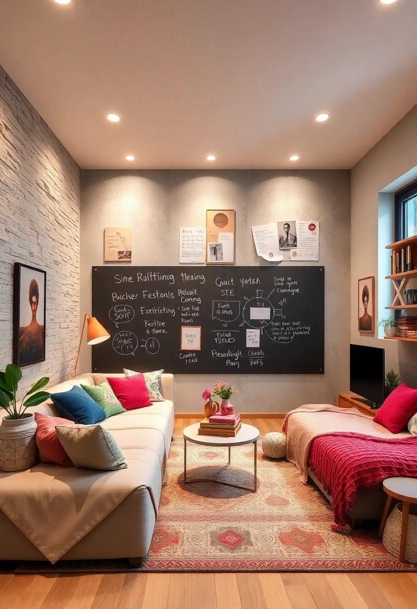 Interactive Wall: Use chalkboard paint or a whiteboard area for doodling and notes, fostering a sense of shared creativity and communication