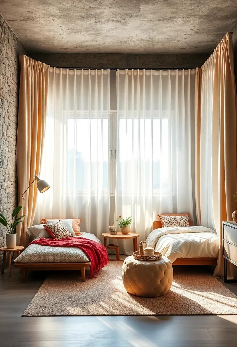 Versatile Curtain Solutions: Opt for light and airy curtains that can be easily adjusted for privacy or brightness, enhancing the room’s functionality