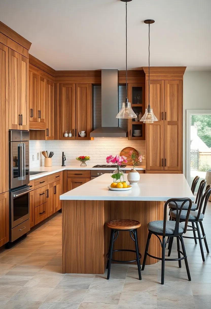 Embrace rustic charm with warm oak cabinetry harmoniously contrasted by a sleek white quartz island, perfect for family gatherings