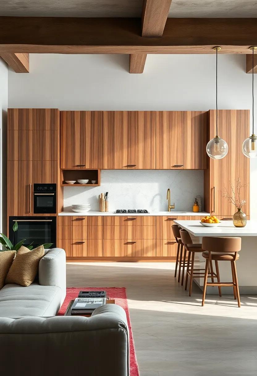 Experiment with oversized cabinetry with brass hardware alongside a simple white island, for a perfect blend of opulence and intimacy