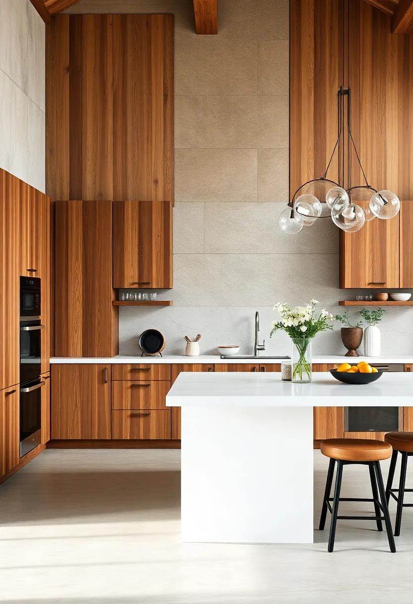 Uncover the unique style of reclaimed wood cabinets paired with a pristine white island, offering a rustic yet refined atmosphere