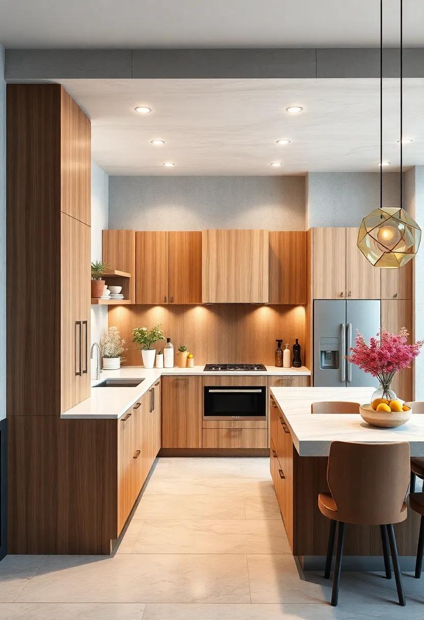 Transform your space with artistic flair, featuring uniquely shaped wood cabinets and a custom-designed white island for a one-of-a-kind kitchen