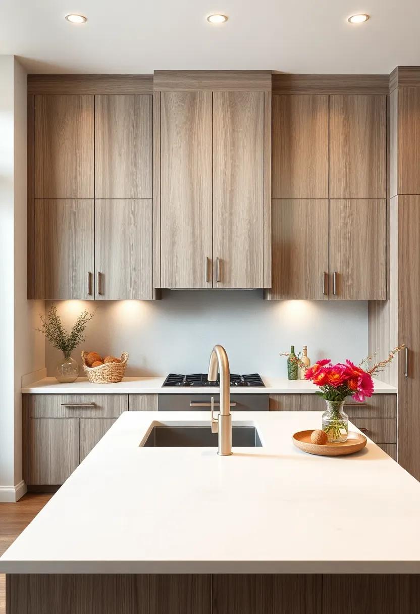 Appreciate the serene atmosphere created by soft gray-toned wood cabinets contrasted with a bright white island topped with gentle veining