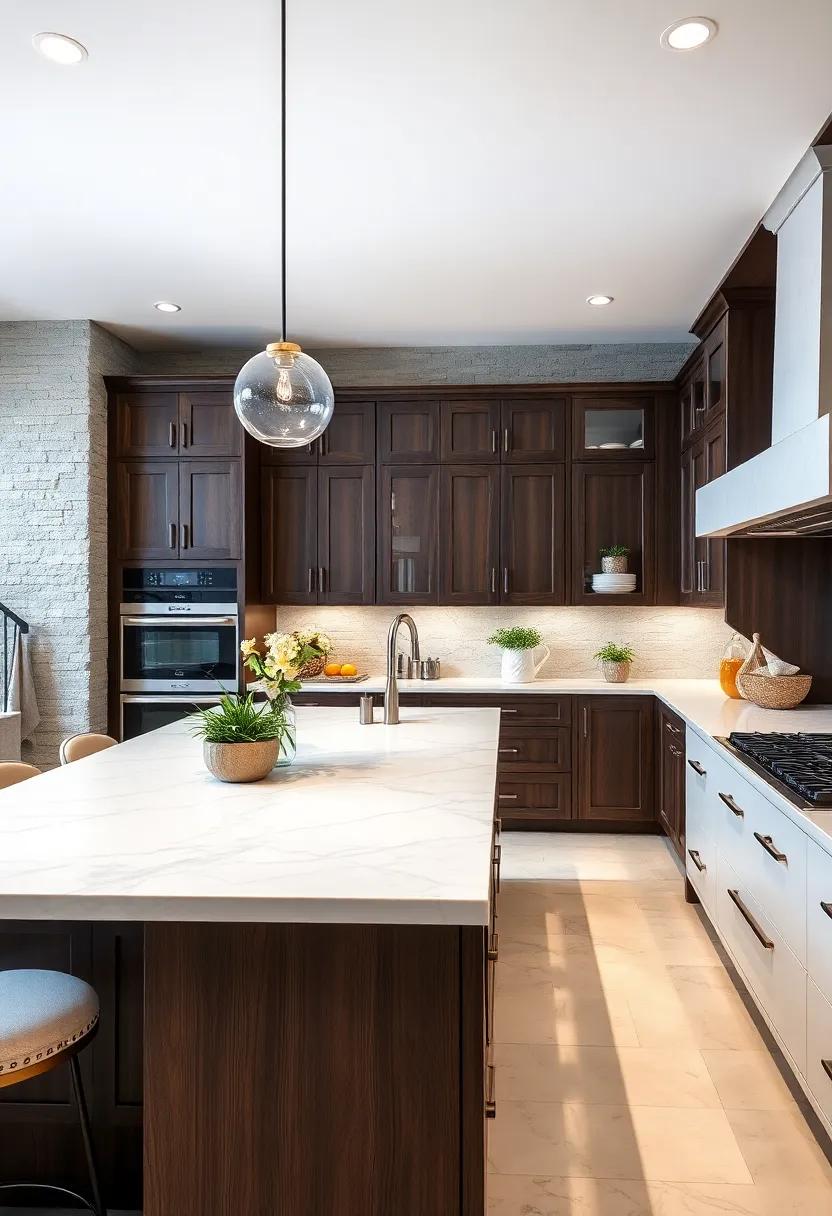 Consider the drama of dark espresso cabinets alongside an expansive white island that becomes the centerpiece of your culinary adventures