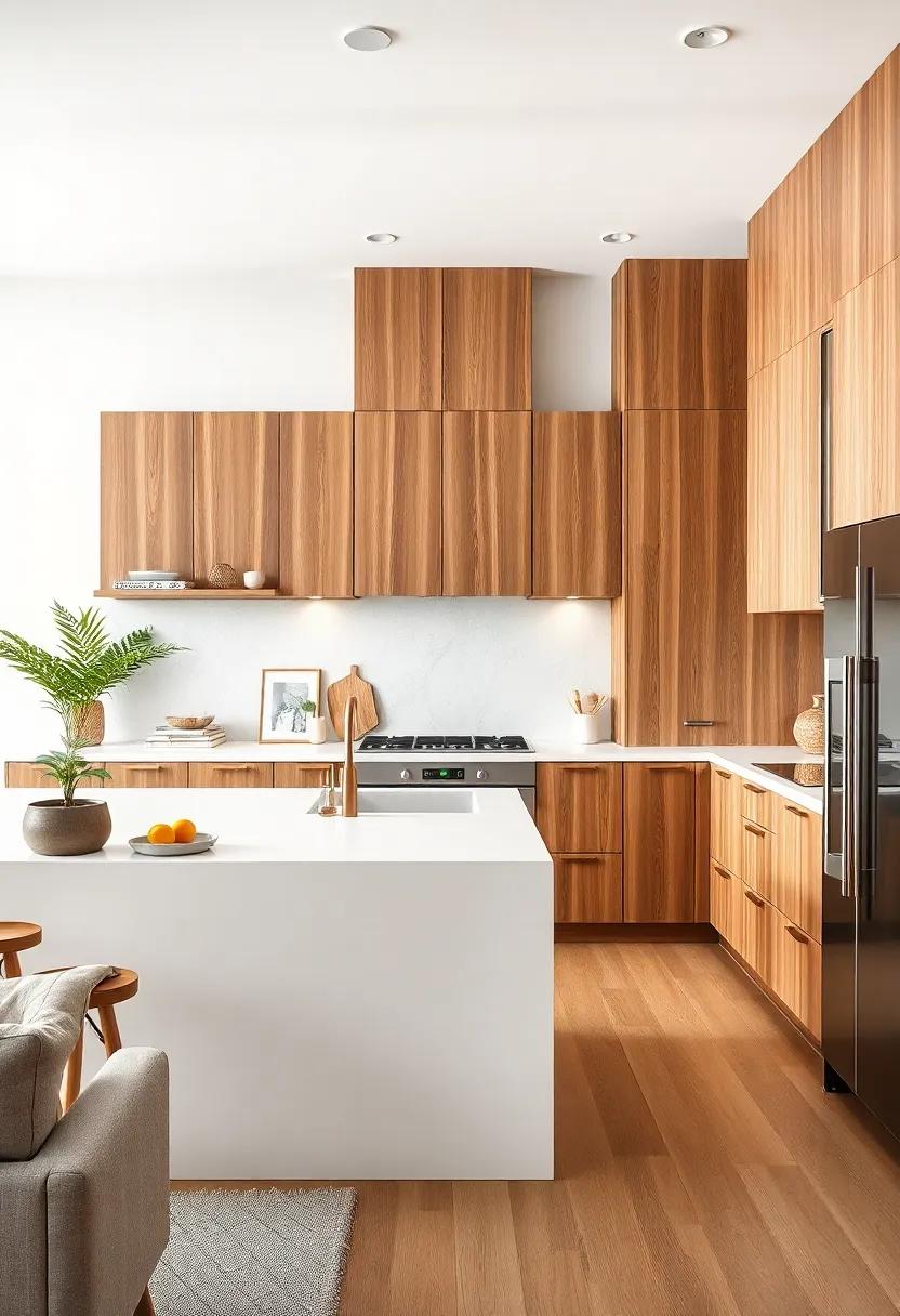Revel in the organic feel of bamboo cabinets harmonizing with a sleek white island, blending eco-friendliness with contemporary style