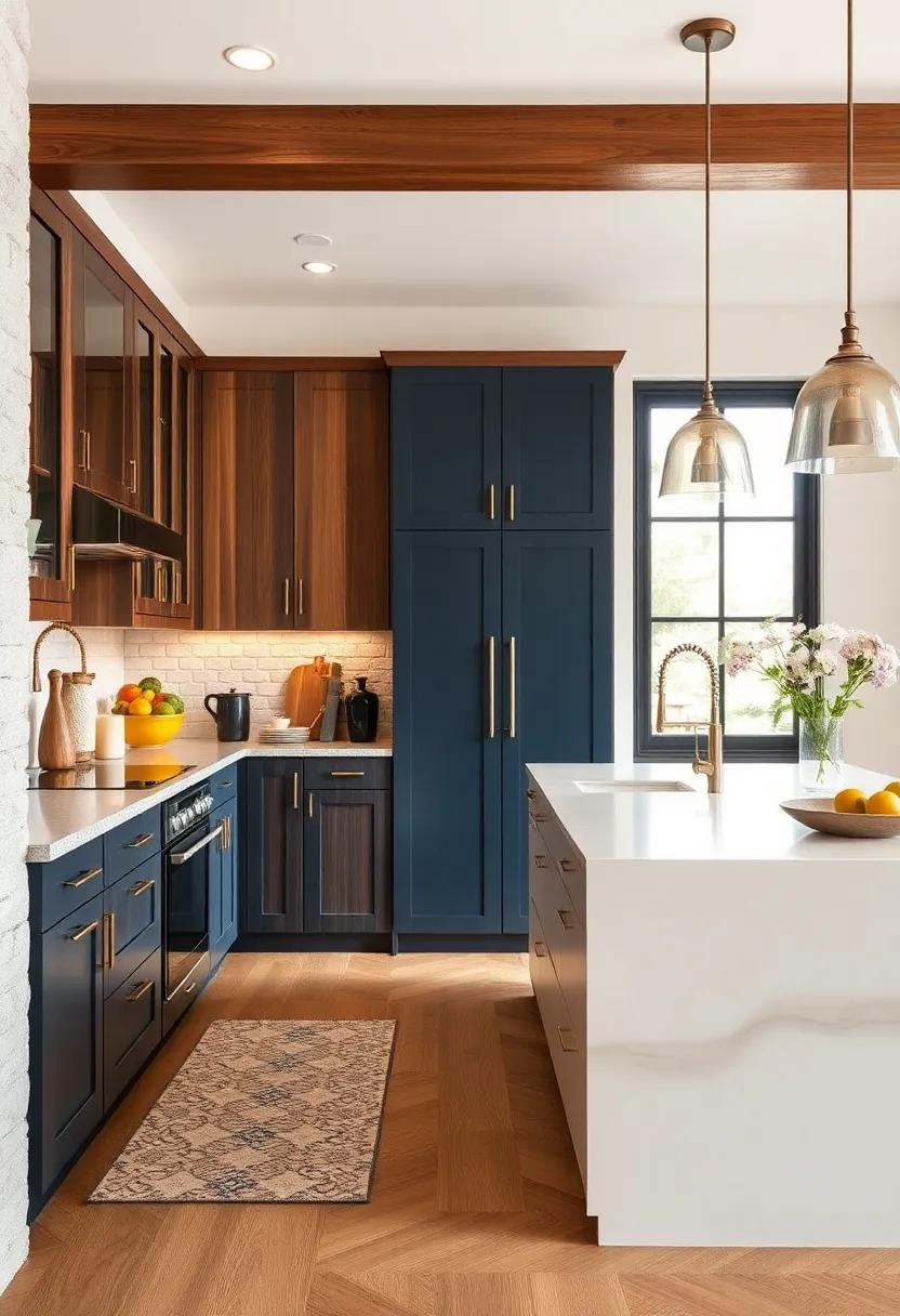 Infuse your kitchen with character using two-tone cabinetry, mixing deep navy wood with a bright white island for a modern seaside effect