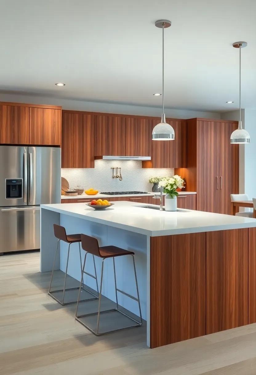 Picture modern slab cabinets with a rich stain offset by a striking white island, providing bold aesthetics with clean functionality