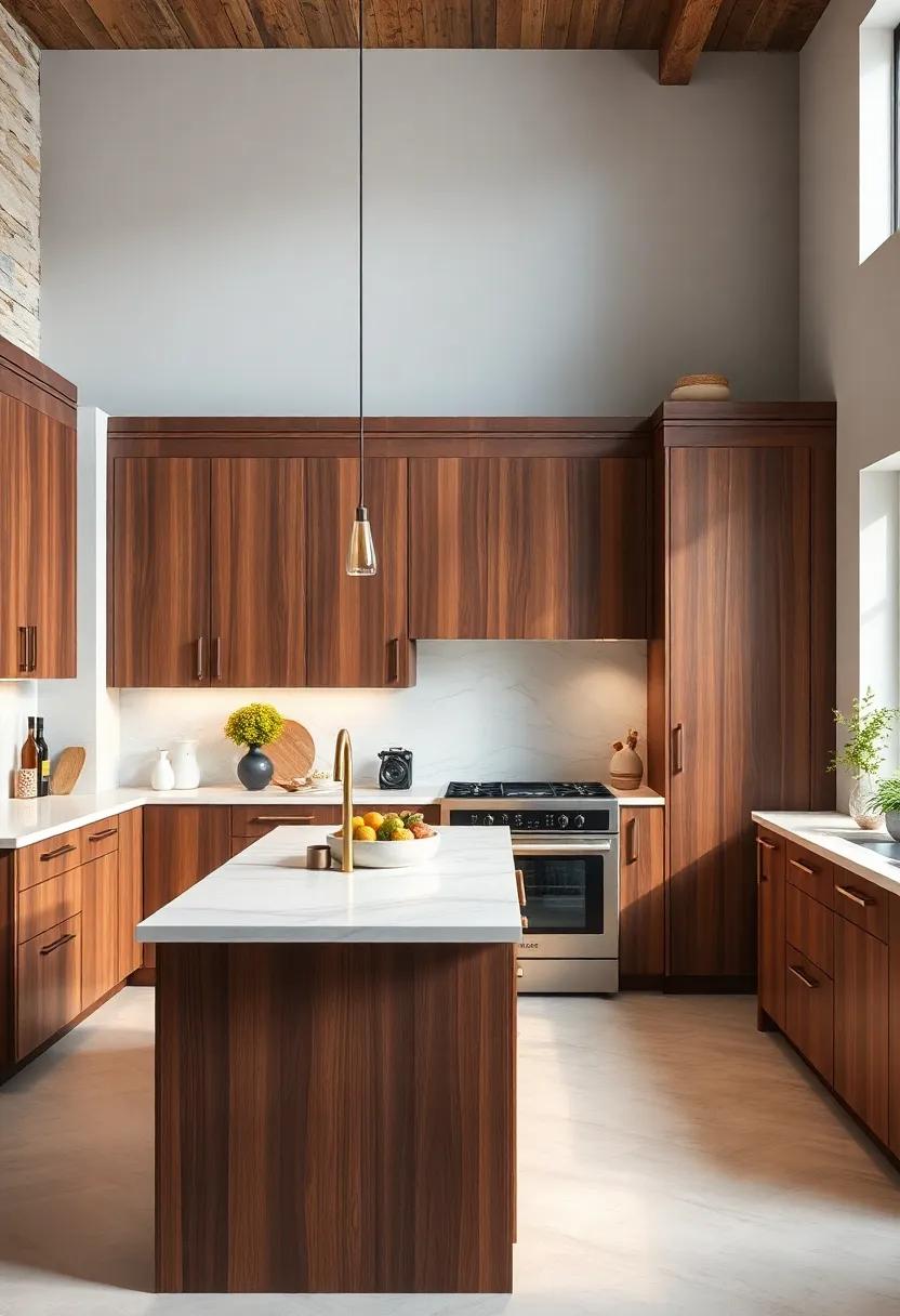 Explore the beauty of walnut cabinets featuring rich, dark tones, complemented by a crisp white marble island that adds a touch of luxury