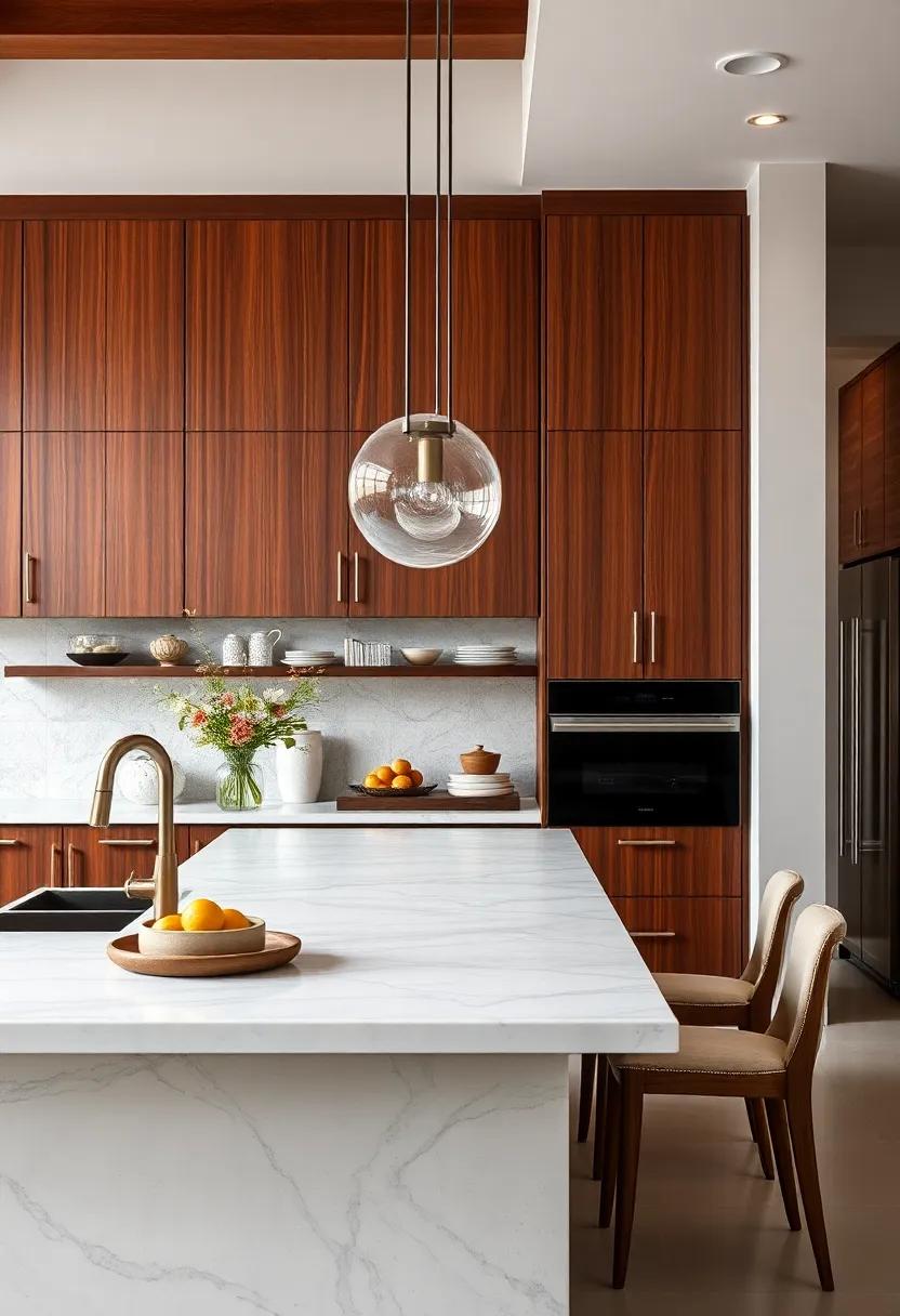 Delight in the glamour of rich mahogany cabinetry enhanced by a luxurious white stone island, elevating the kitchen to new heights of sophistication