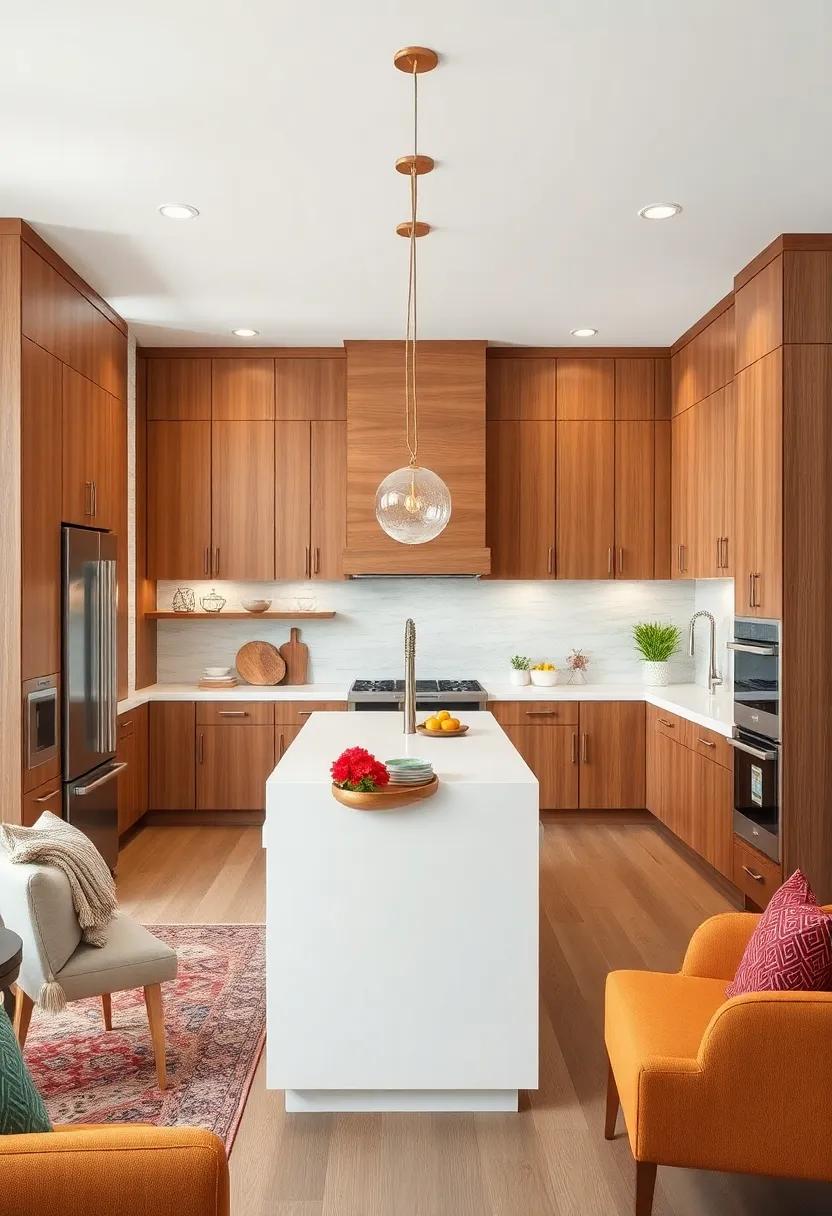 Appreciate the seamless flow of mixed wood finishes using hickory cabinets combined with a simple white island to break visual monotony