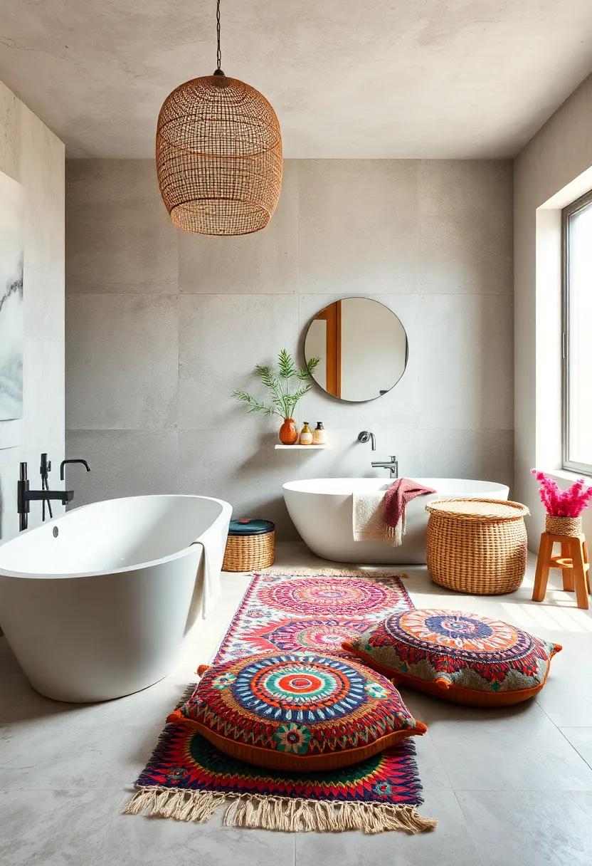 Artistic Bath Mats: Finish off your boho bathroom with a vibrant, artistic bath mat that ties the room together and keeps the cozy vibe flowing