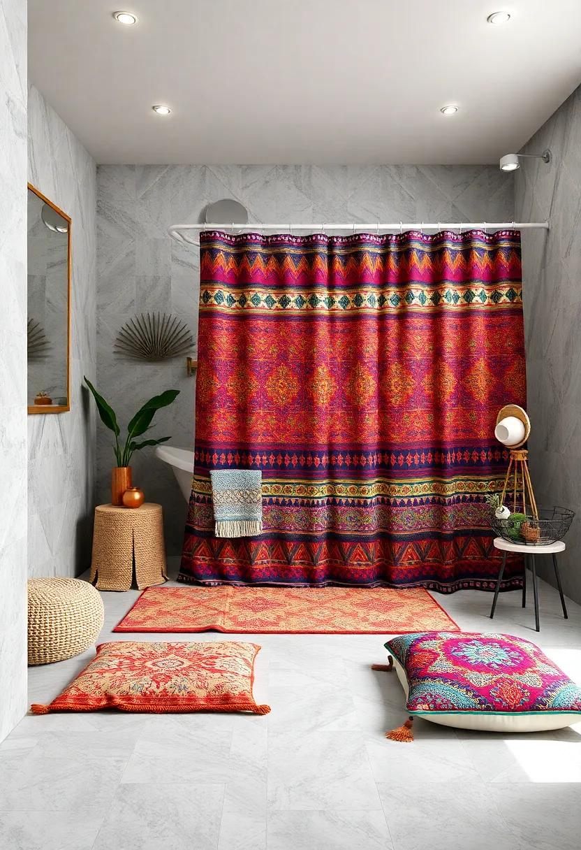 Colorful Shower Curtains: Choose a vibrant shower curtain adorned with boho patterns or ethnic prints to make a striking focal point in your bathroom