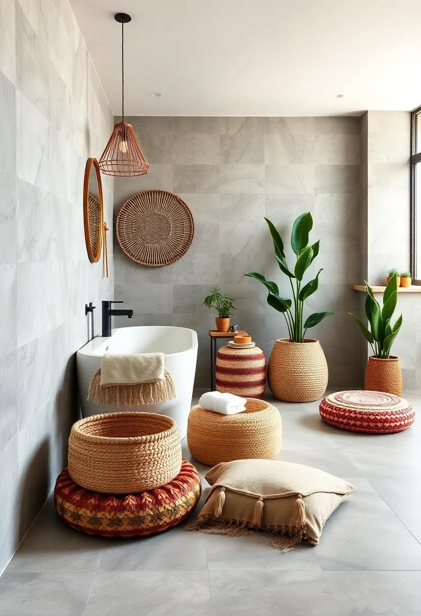 Funky Storage Baskets: Utilize woven baskets for storing towels and toiletries; they add texture and contribute to the relaxed boho feel