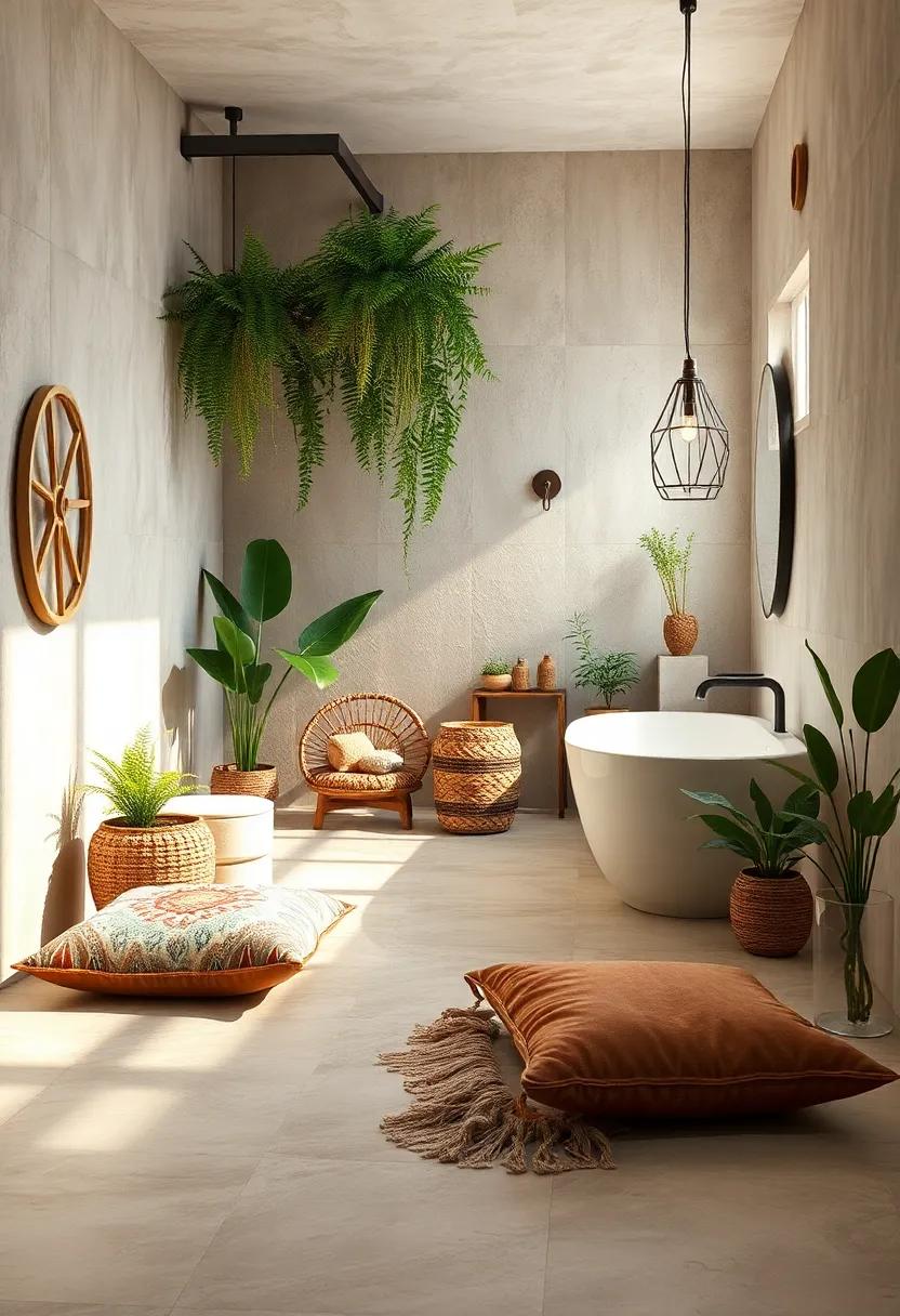 Greenery and Plants: Add lush indoor plants like ferns and succulents to enhance the natural vibe; they bring life and freshness to the bathroom setting