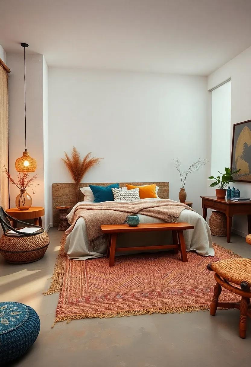 Earthy Textiles: Choose organic cottons, linens, and woven materials in warm, muted tones to set the foundation for your boho sanctuary