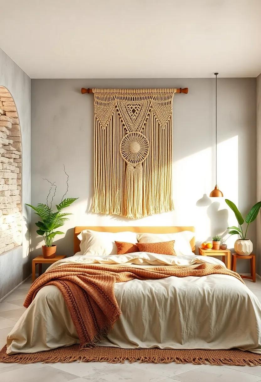 Macramé wall Hanging: Opt for a macramé piece that features earthy threads to create a stunning focal point that celebrates craftsmanship and bohemian elegance