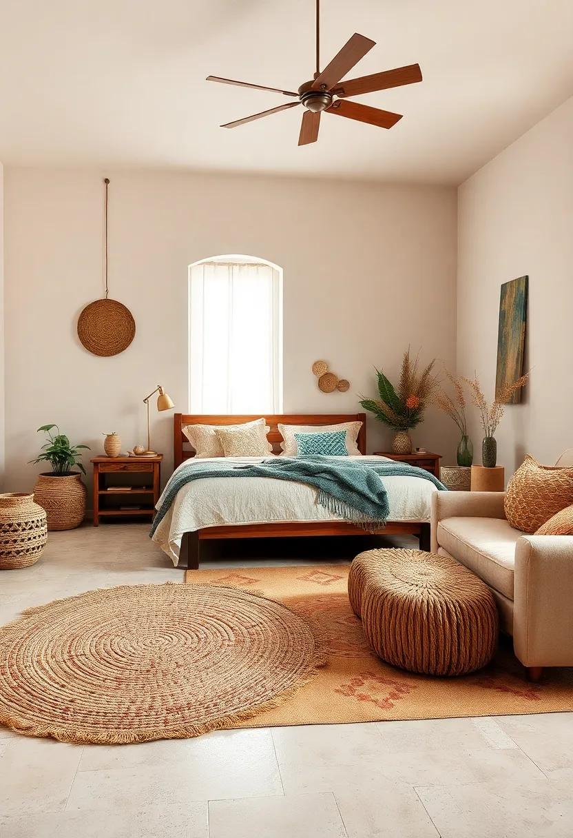 Jute Rugs: Embrace the natural texture of jute rugs to add warmth and a rustic touch underfoot, grounding the earthy vibe of your bedroom