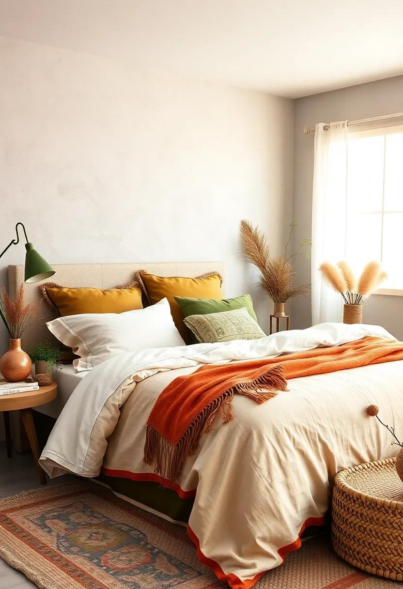Layered Bedding: Mix and match bedding in earthy hues like burnt sienna, olive green, and soft cream for a cozy, inviting atmosphere