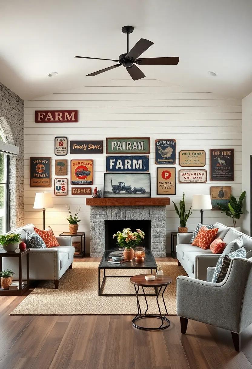 Statement Walls: Paint a shiplap accent wall and adorn it with a collection of vintage farm advertisements for a nostalgic touch that tells a story