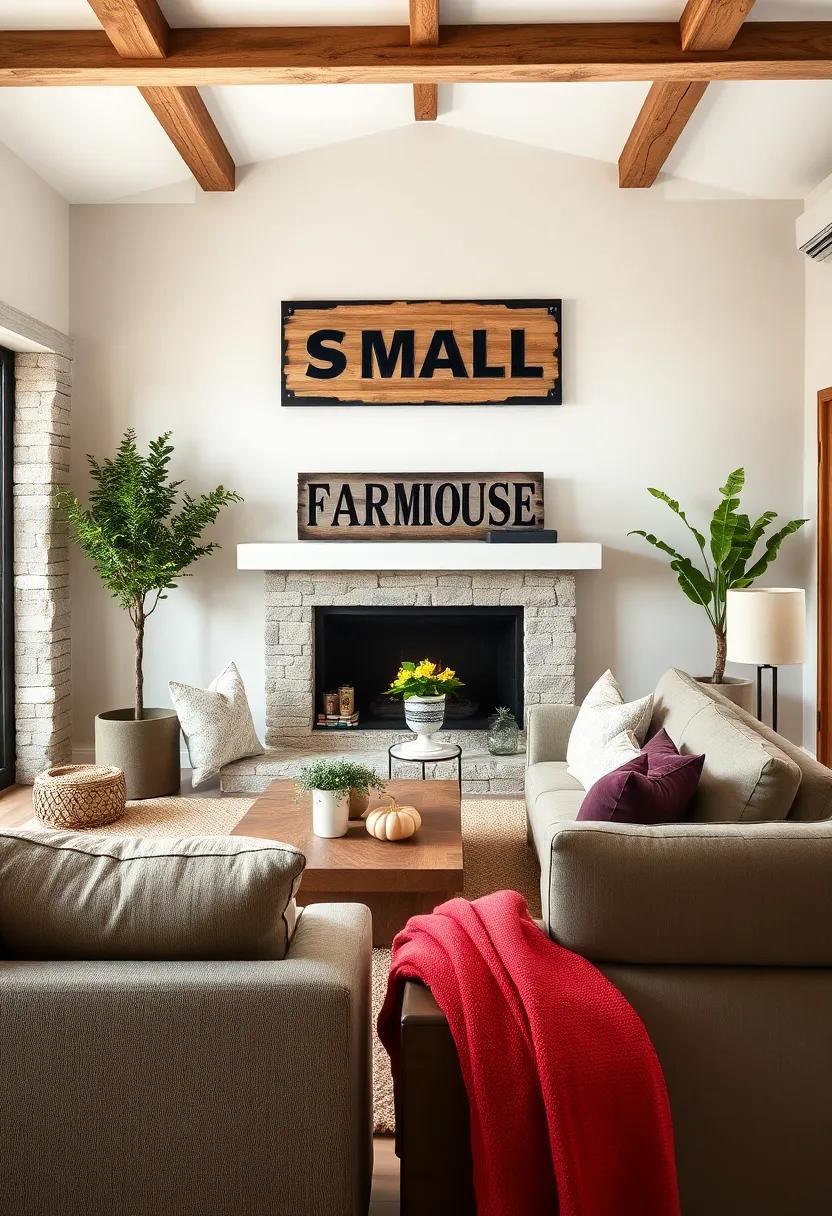 Luxurious Fabrics: Contrast a weathered sign with plush textiles-think soft throw pillows and delicate drapes-to soften the robust farmhouse style