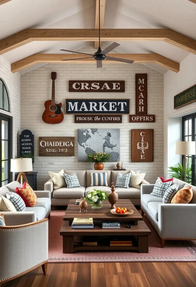 Vintage Market Look: Incorporate signs that mimic old market stalls for a quirky, lively atmosphere that brings character to your living room