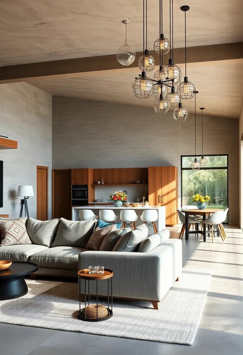 A Warm⁣ Embrace: this open concept layout features a​ cozy living room⁤ seamlessly transitioning ​into a contemporary kitchen, highlighted⁢ by​ a cluster of geometric pendant⁢ lights that add drama and warmth
