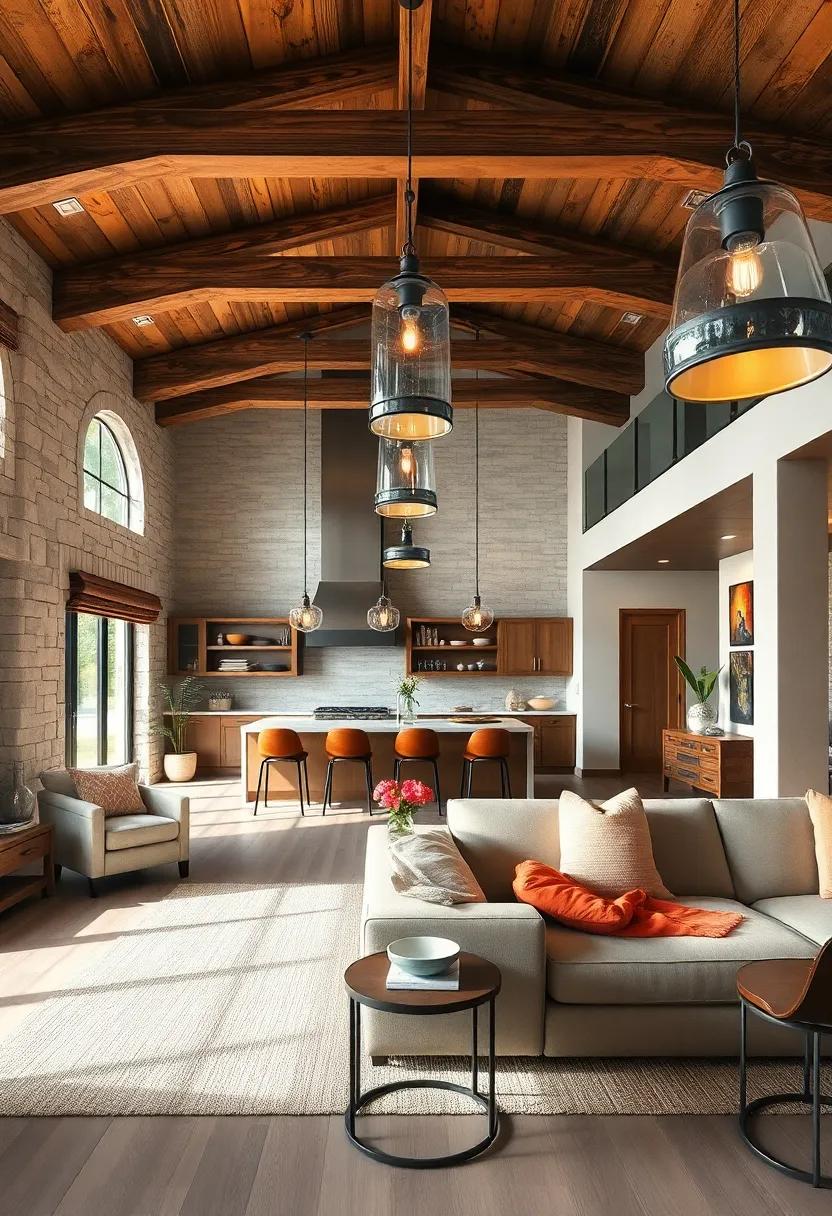 Rustic Luxe: Combining wooden beams with contemporary fixtures, this space is illuminated​ by oversized industrial-style​ pendants,‌ melding rustic ⁢charm with chic sophistication