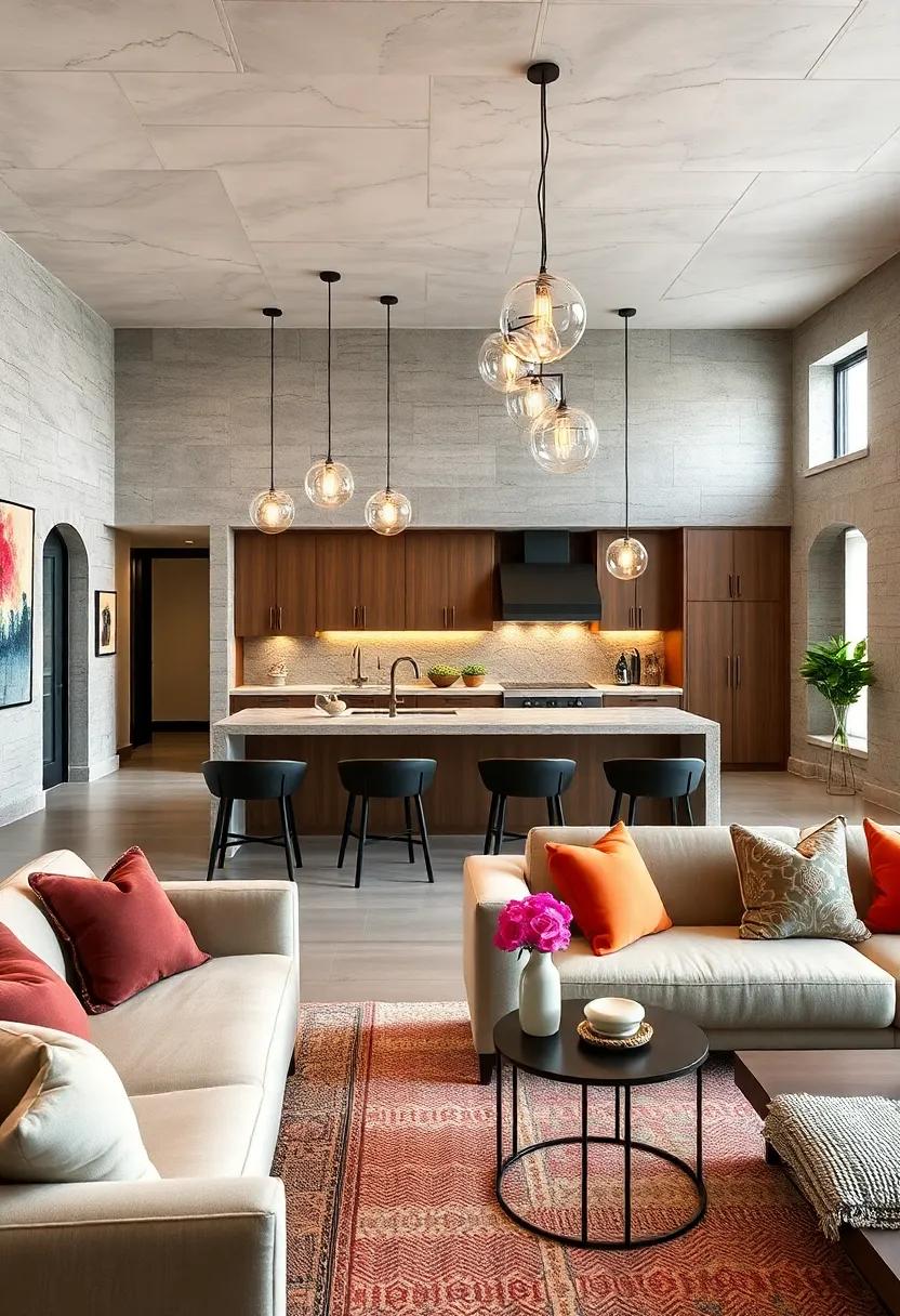 Artistic ‍Flair:⁤ A visually intriguing blend of statement‌ lighting fixtures adds‌ an artistic quality to this open living room-kitchen, ensuring that⁣ every meal ‍or gathering feels like ​a special occasion