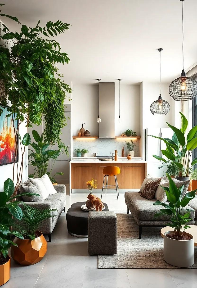 Urban Oasis: A vibrant jungle‌ of indoor plants complements the sleek, ‌modern kitchen‍ in this ⁢city apartment,⁢ where trendy‌ pendant lights ‌mimic nature's form, creating a refreshing indoor retreat