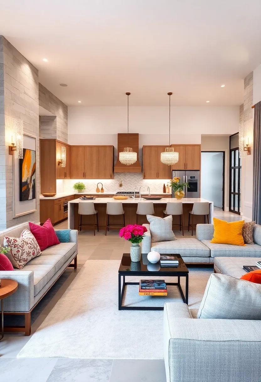 Glamorous Touch: Sparkling ⁢crystal sconces ‍lining the walls bring⁢ a touch of luxury to this spacious kitchen-living area, creating an elegant ​atmosphere perfect for entertaining‌ guests