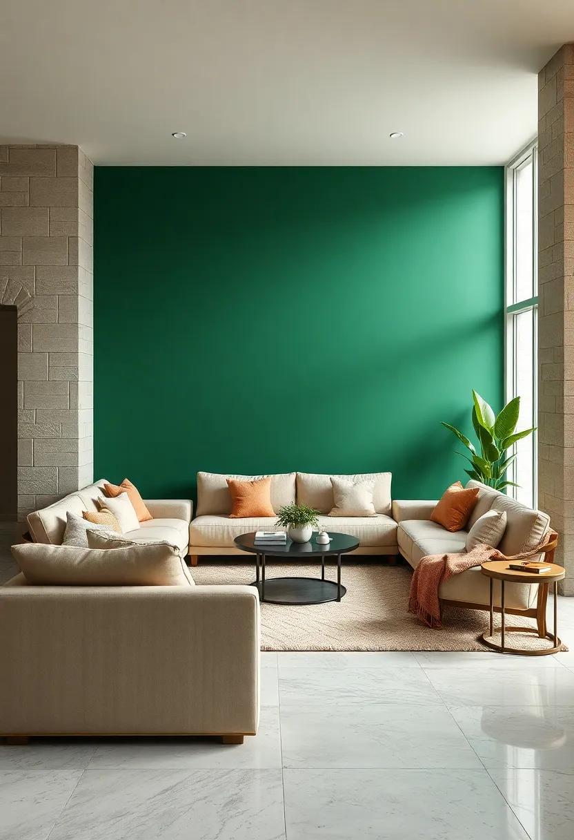 Embrace a green Feature Wall: Transform a room by painting one wall in a deep forest green, pairing it with beige furniture for a striking contrast