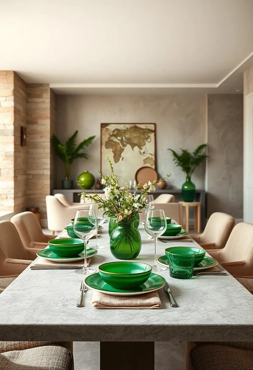 Chic Green Table Settings: design an elegant table setting using green dishes paired with beige linens for a sophisticated dining experience